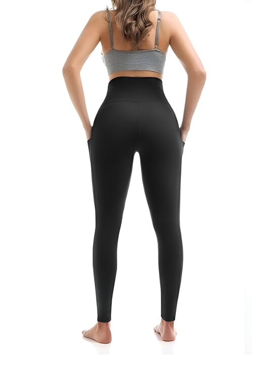 Womens High Waisted Leggings with Pockets, Full Length, BLACK, Size SMALL-MEDIUM - Picture 2 of 4